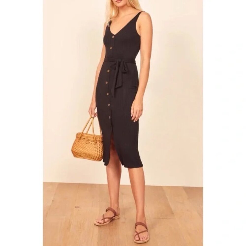 Reformation Mere Dress Ribbed Buttondown V-Neck Midi Dress